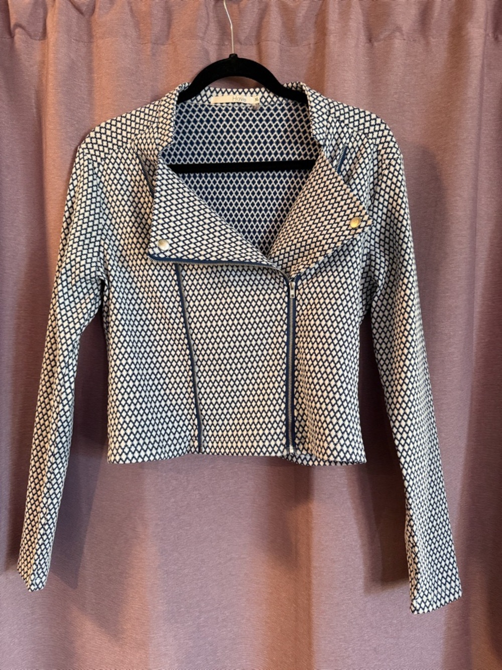 Have Blue and White Patterned Cropped Moto Blazer